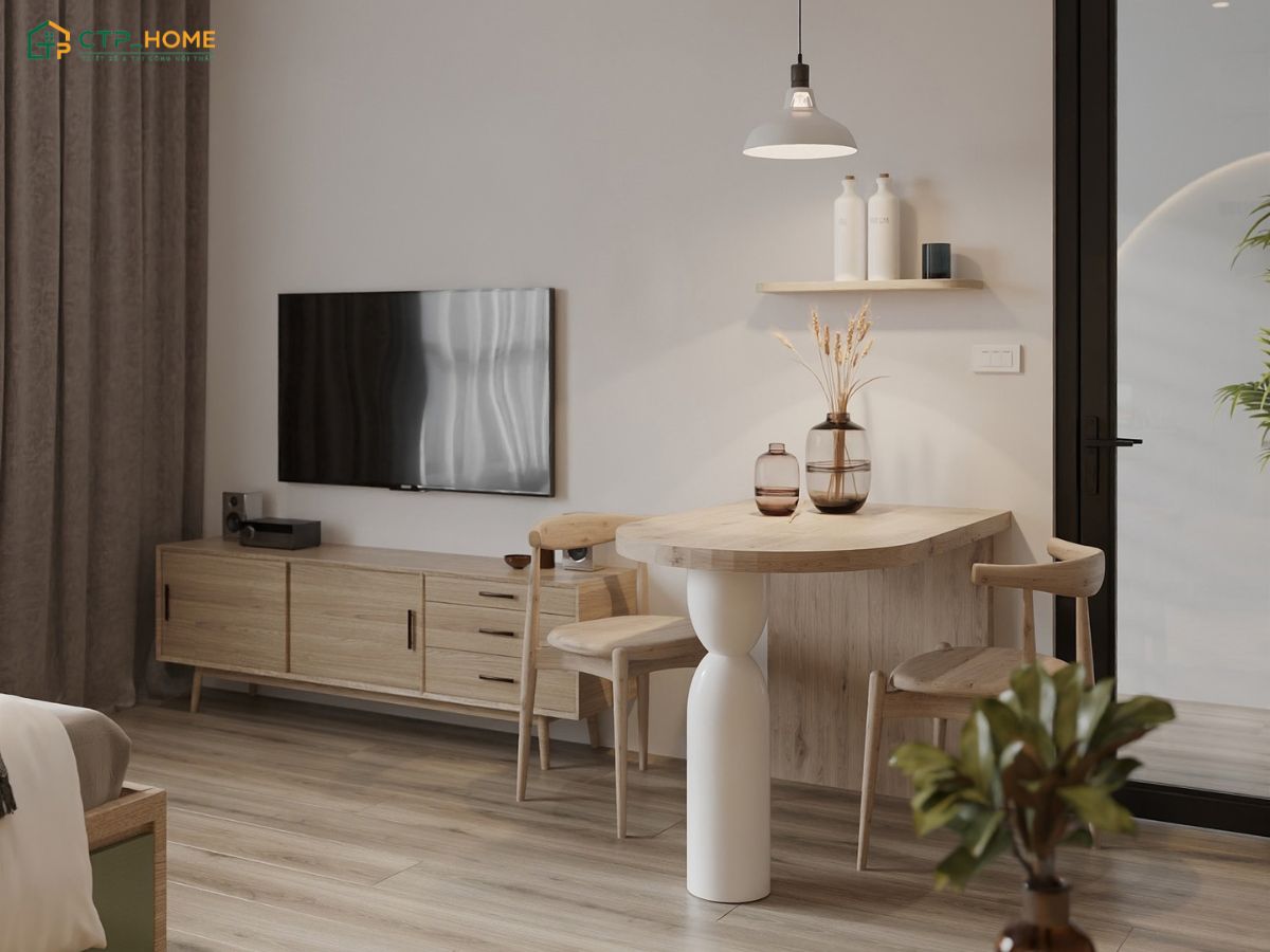 Mẫu thiết kế căn hộ Studio 35m2 chất liệu gỗ thường kết hợp cùng các gam màu trung tính như nâu, be, xám nhạt