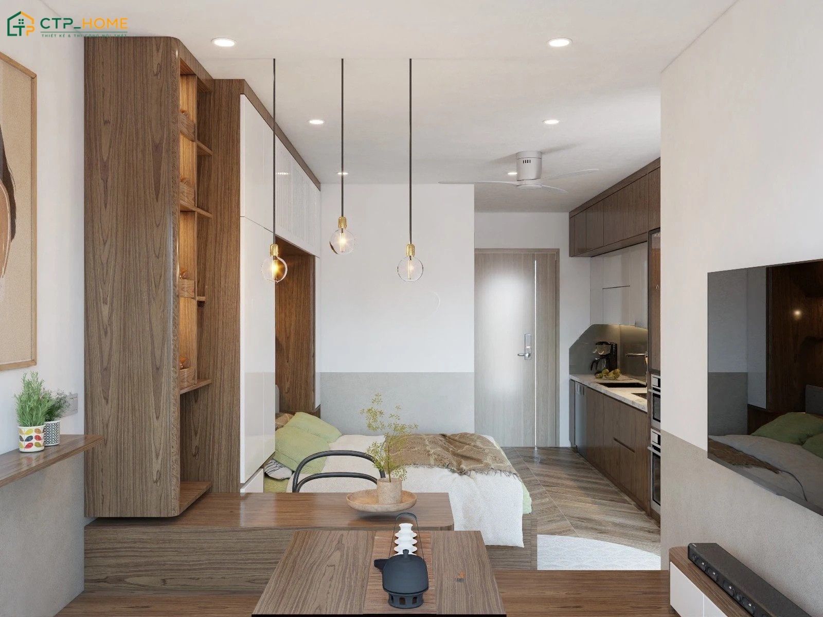Mẫu thiết kế căn hộ Studio 35m2 được bố trí công năng đầy đủ giúp đáp ứng tốt nhu cầu sinh hoạt