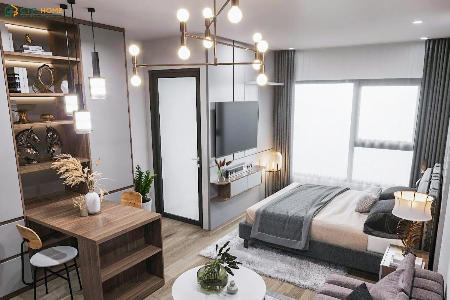 Bố trí căn hộ Studio 35m2 với đầy đủ công năng như không gian tiếp khách, khu vực nghỉ ngơi và góc làm việc