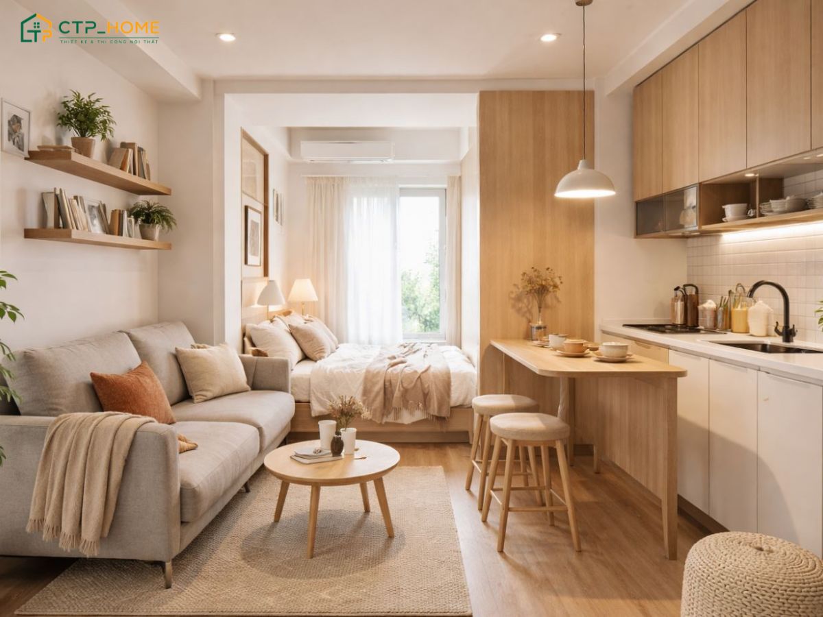 Mẫu thiết kế nội thất chung cư mini 35m2 tối giản với công năng khoa học cùng ánh sáng được bố trí hợp lý