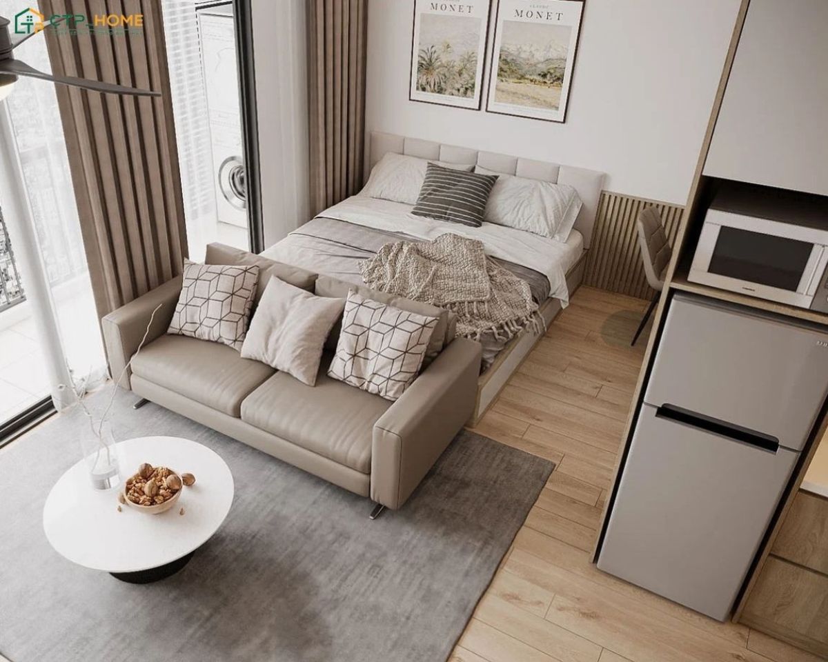 Gia chủ nên lựa chọn một vài chi tiết đơn giản để tạo điểm nhấn nhẹ nhàng cho căn hộ Studio 35m2