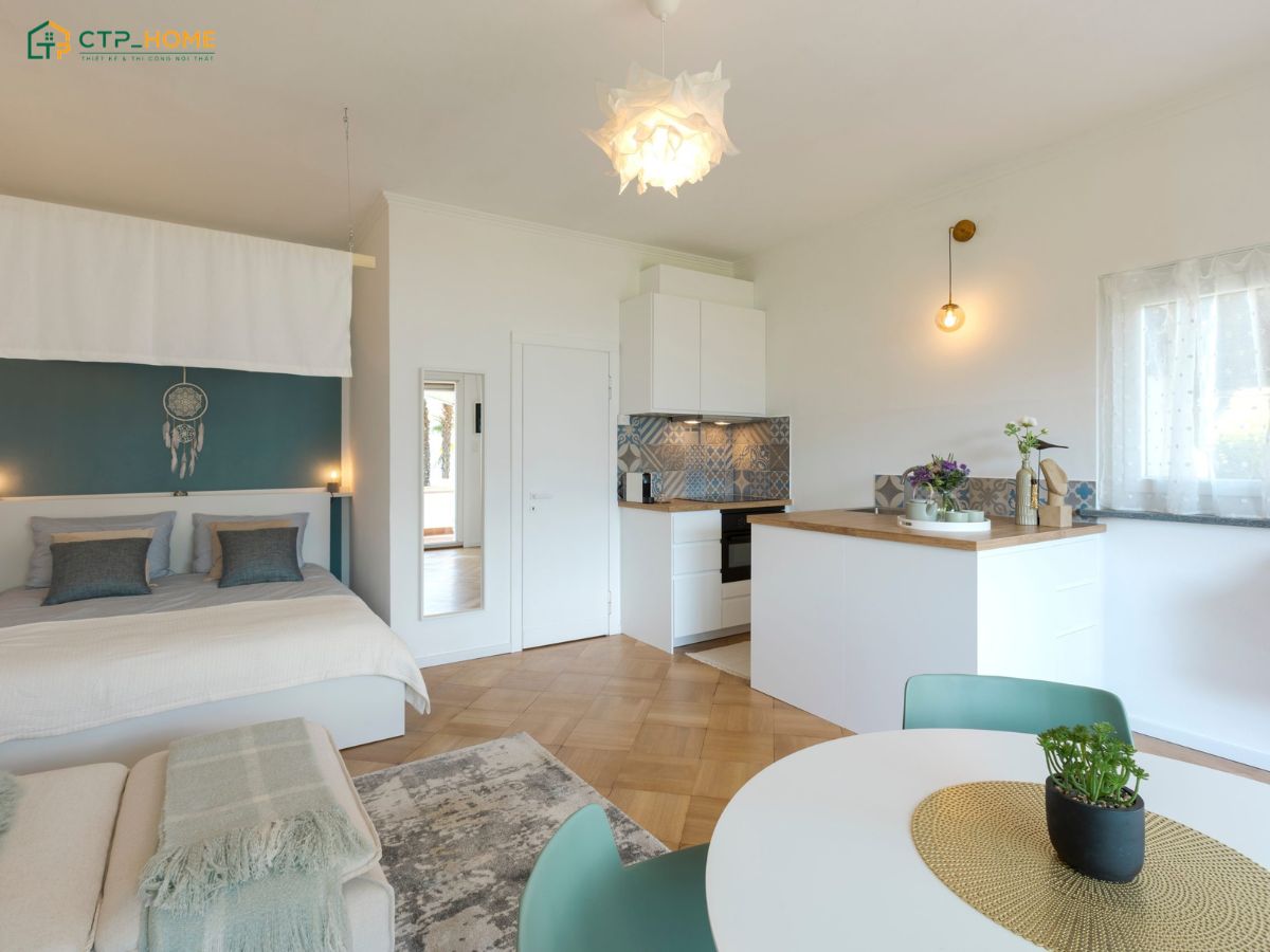 Mẫu thiết kế nội thất căn hộ Studio 35m2 tối giản sẽ ưu tiên nội thất thông minh để duy trị sự gọn gàng