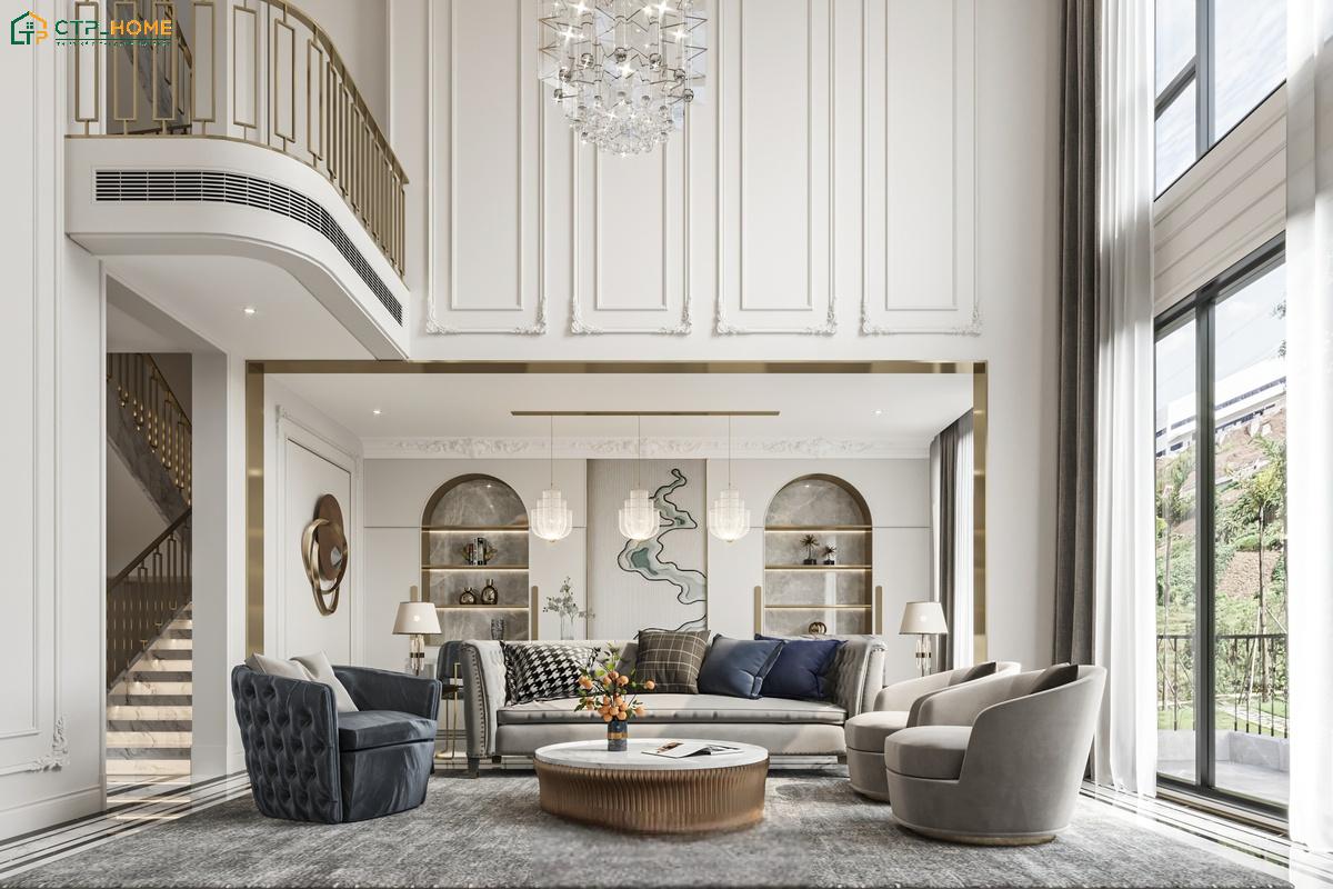 Mẫu thiết kế nội thất biệt thự đơn lập tân cổ điển ghi dấu ấn với hệ phào chỉ tinh tế và hình vòm mềm mại