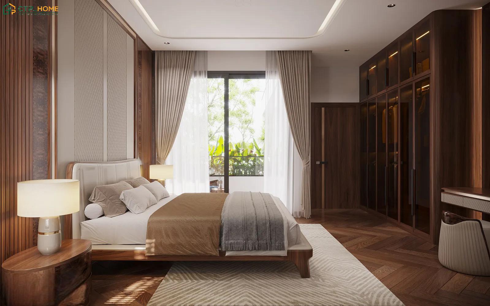 Phòng ngủ biệt thự đơn lập sẽ ưu tiên những gam màu dịu nhẹ để tạo cảm giác thư thái và dễ chịu
