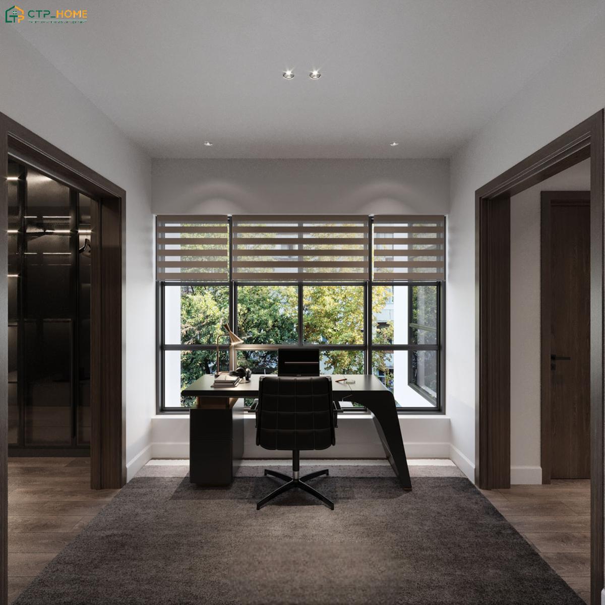 Góc làm việc của gia chủ sẽ được bố trí trước cửa sổ lớn để giúp tận dụng tối đa nguồn ánh sáng tự nhiên