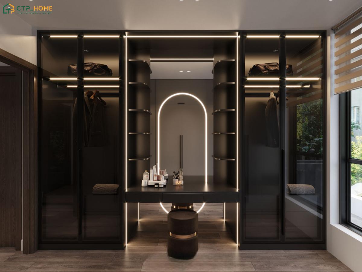 Khu vực phòng thay đồ với hệ tủ kính kịch trần bao quanh bàn trang điểm giúp gia tăng khả năng lưu trữ