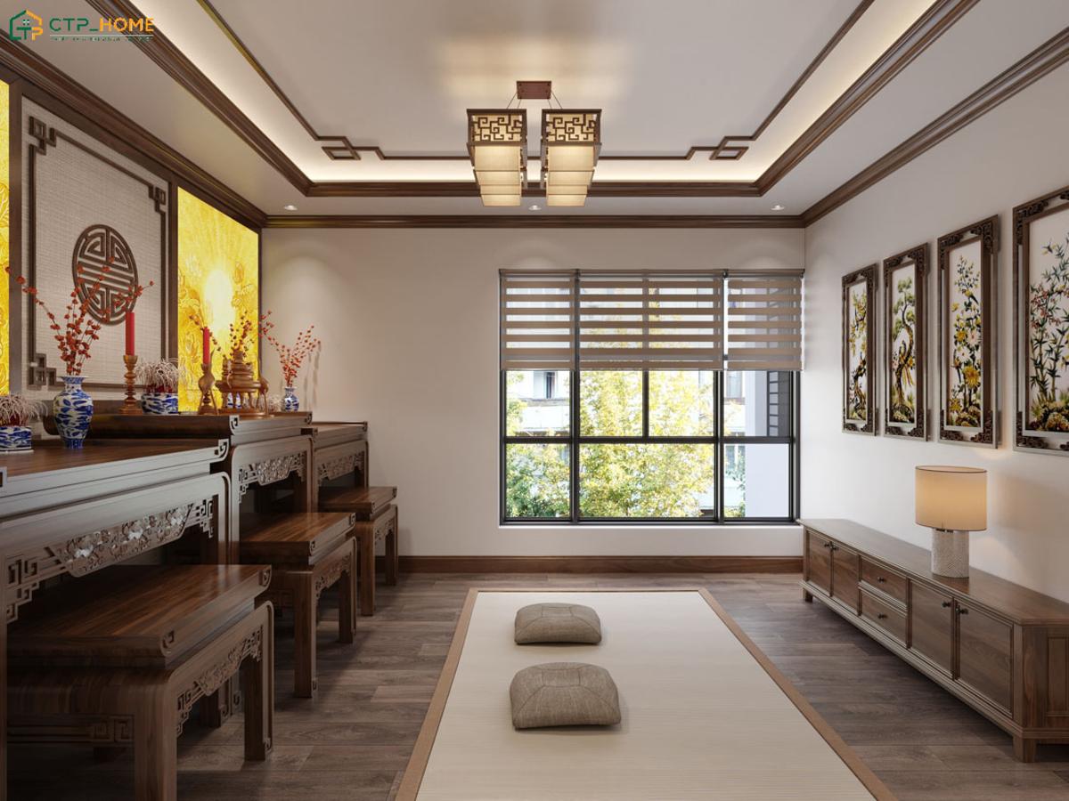 Phòng thờ được thiết kế trang nghiêm với chất liệu gỗ và chi tiết trang trí đặc trưng của văn hóa Á Đông