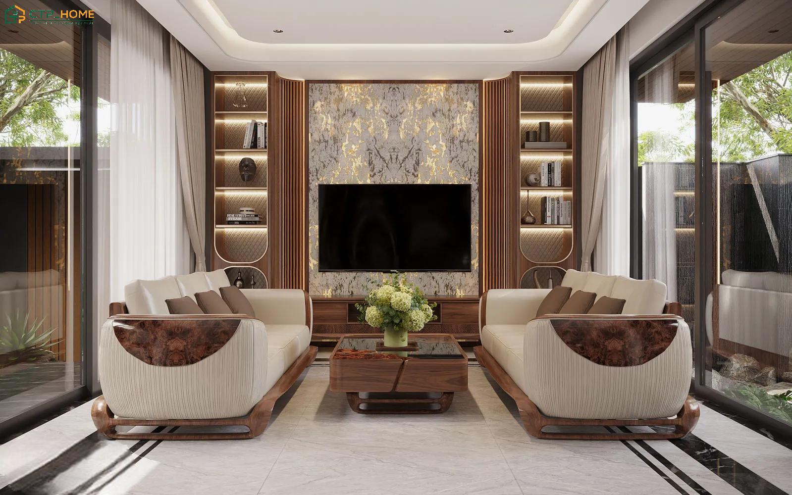 Mẫu thiết kế nội thất biệt thự đơn lập Luxury thường sử dụng các chất liệu cao cấp như đá Marble hay gỗ óc chó