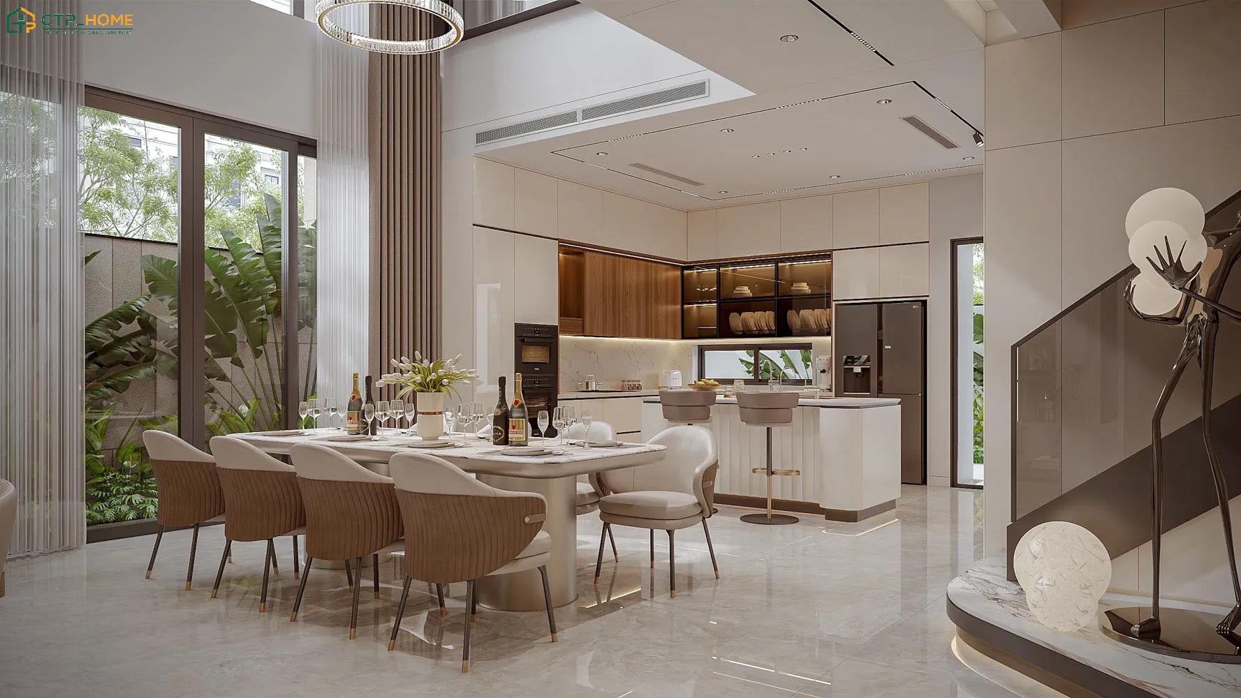 Không gian biệt thự đơn lập Luxury gây ấn tượng với việc sử dụng bộ bàn ghế ăn được bọc nỉ nhung cao cấp