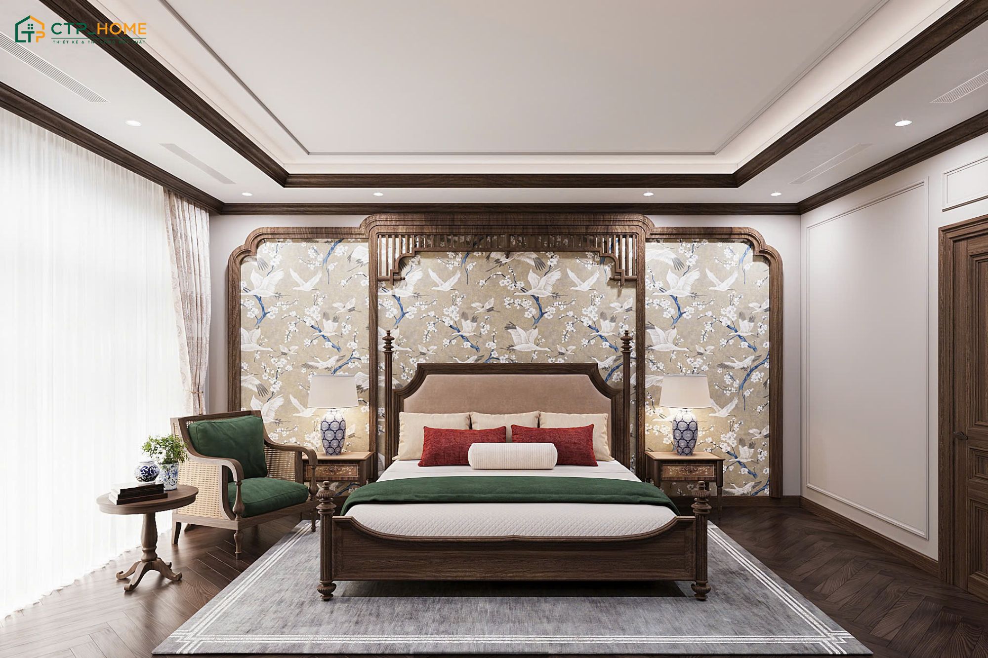 Phòng ngủ biệt thự liền kề Indochine gây ấn tượng với bức tranh họa tiết hoa cỏ và chim hạc độc đáo