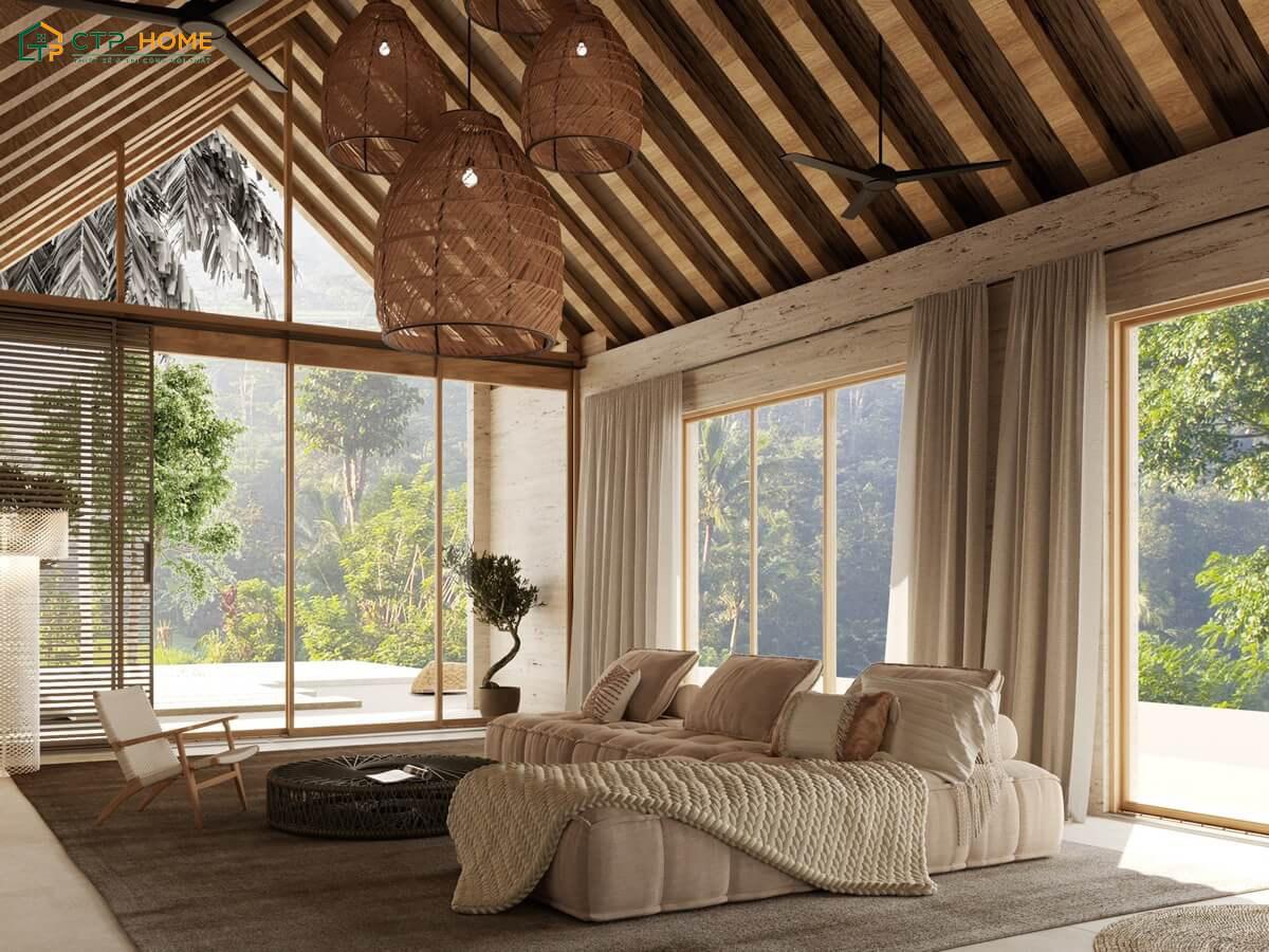 Khi thiết kế nội thất biệt thự nghỉ dưỡng thì phòng khách thường sẽ được ưu tiên với diện tích rộng rãi