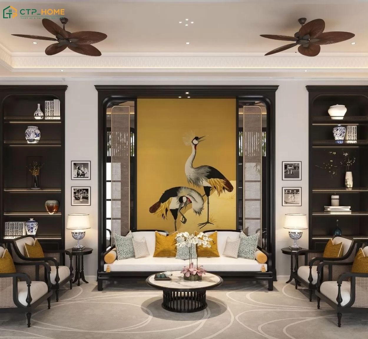 Căn hộ 100m2 Indochine thường sử dụng các chi tiết trang trí đặc trưng như họa tiết kỷ hà, hoa lá, hình học