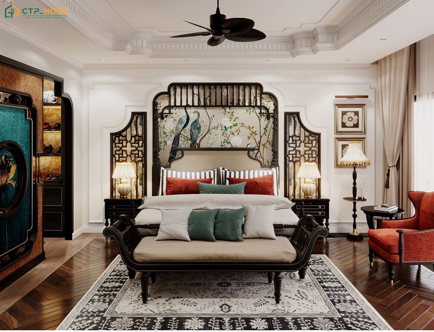 Mẫu thiết kế nội thất căn hộ chung cư 100m2 Indochine sẽ tạo điểm nhấn qua các chi tiết trang trí thủ công