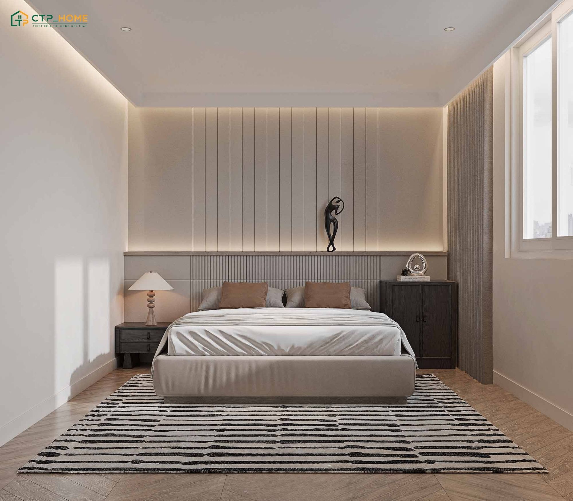 Mẫu thiết kế nội thất căn hộ 100m2 theo phong cách Bắc Âu với phòng ngủ đơn giản nhưng vẫn có điểm nhấn riêng