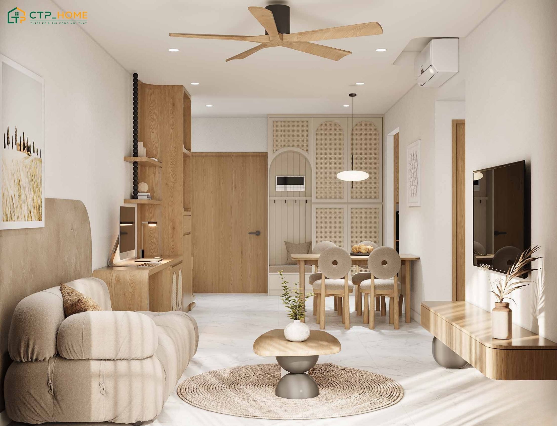 Mẫu thiết kế nội thất chung cư 100m2 Japandi thường ưu tiên nội thất gỗ mộc mạc và giản dị để tối ưu diện tích