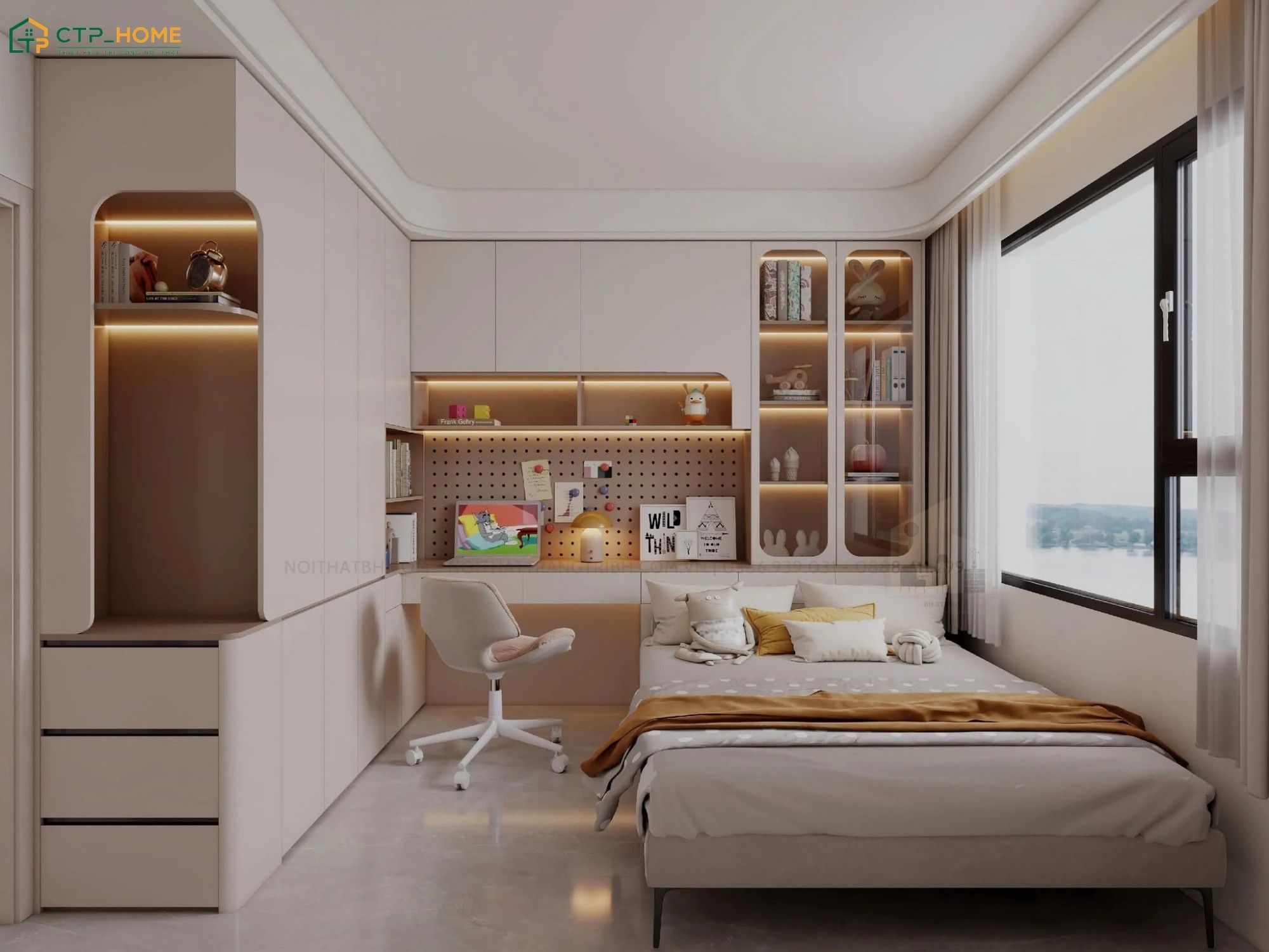 Không gian phòng ngủ chung cư 100m2 tối giản sẽ tập trung chủ yếu vào nhu cầu nghỉ ngơi, làm việc và lưu trữ