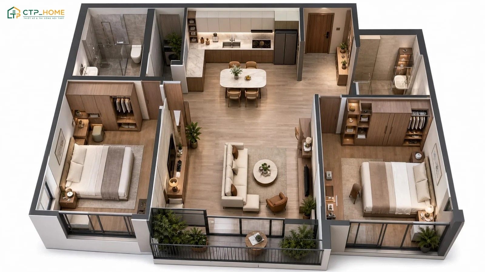 Bản vẽ thiết kế nội thất chung cư 100m2 với 3 phòng ngủ được cân đối giữa không gian sinh hoạt chung và khu vực nghỉ ngơi