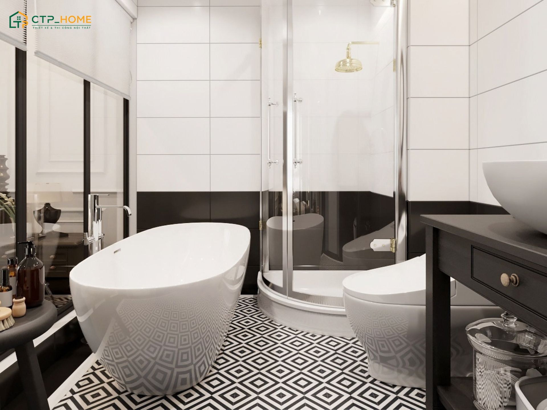 Phòng tắm sẽ kết hợp các thiết bị vệ sinh hiện đại và những họa tiết đặc trưng của phong cách Đông Dương