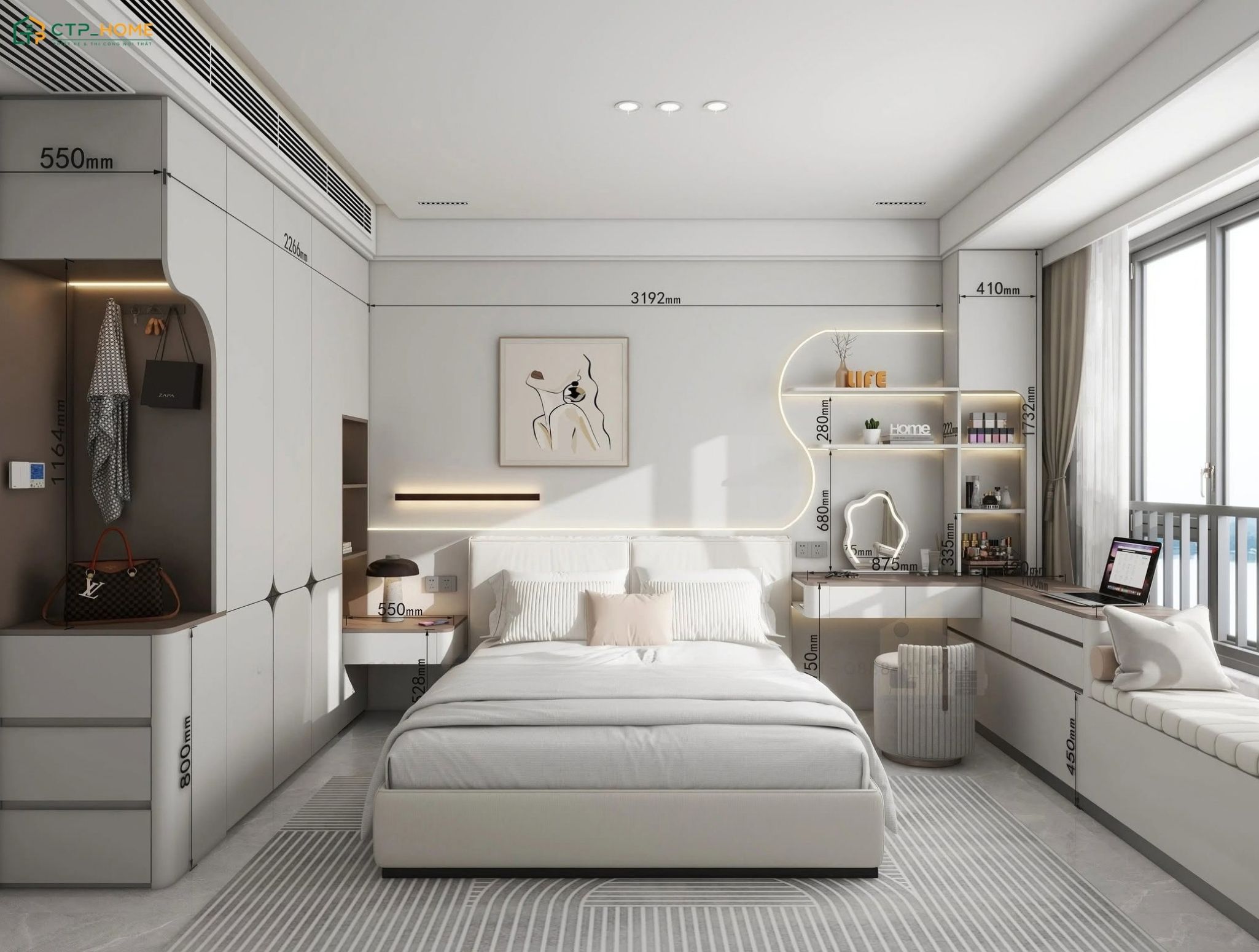 Mẫu thiết kế căn hộ chung cư 100m2 hiện đại với phòng ngủ được bố trí đầy đủ công năng cơ bản