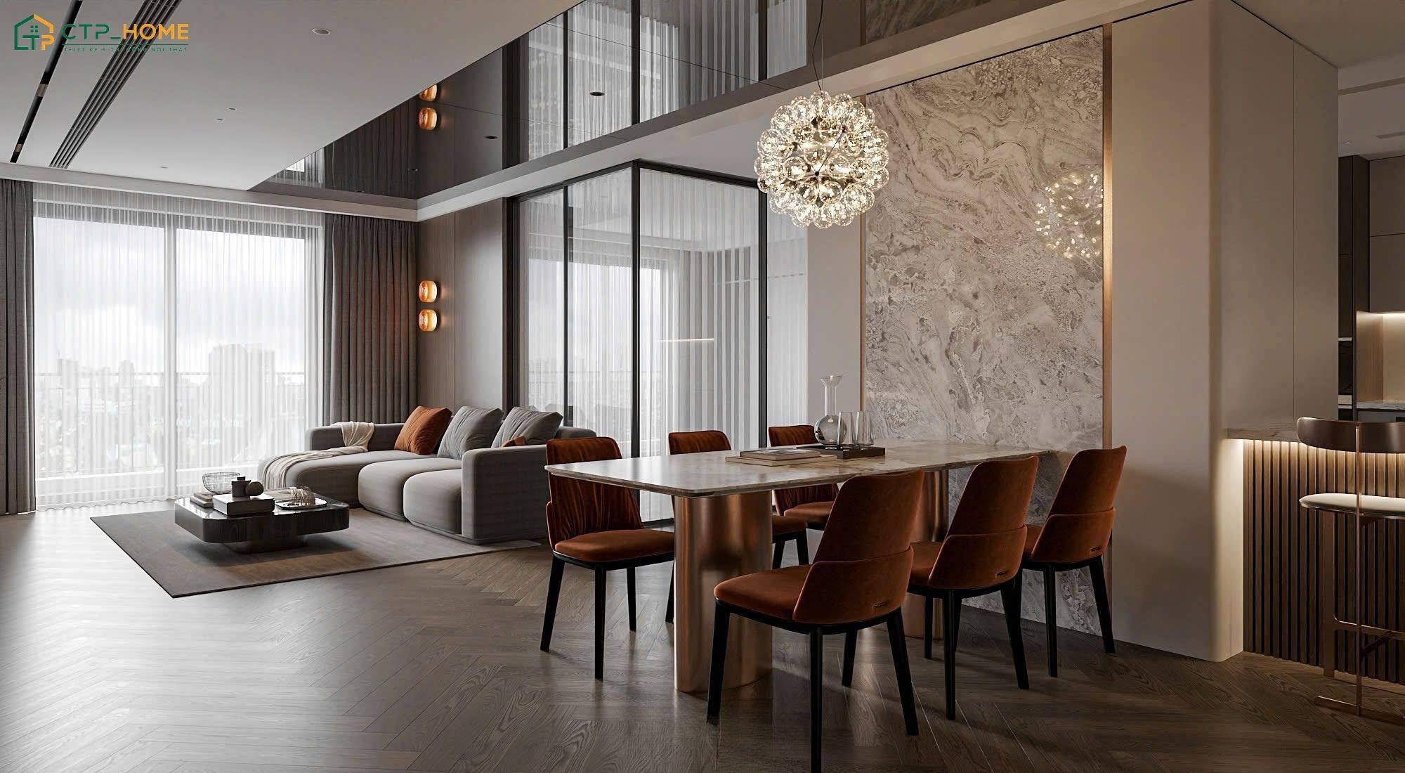 Mẫu thiết kế nội thất căn hộ chung cư 100m2 Luxury sẽ tập chung vào các chi tiết như phào chỉ mạ vàng, đèn chùm pha lê