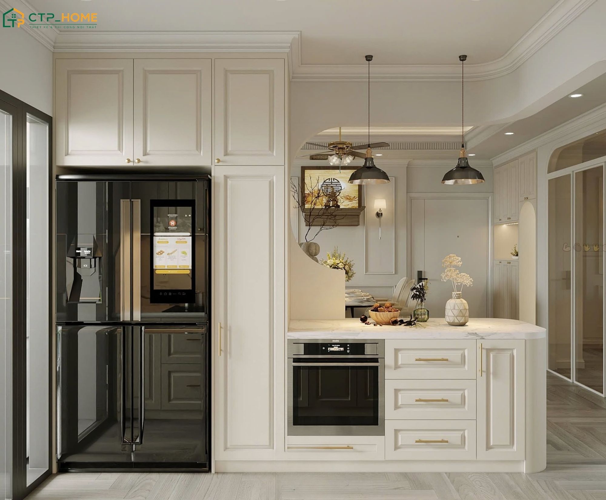 Không gian phòng bếp chung cư 100m2 tân cổ điển thường ưu tiên hệ phào chỉ nhẹ nhàng trên tường, trần và cánh tủ