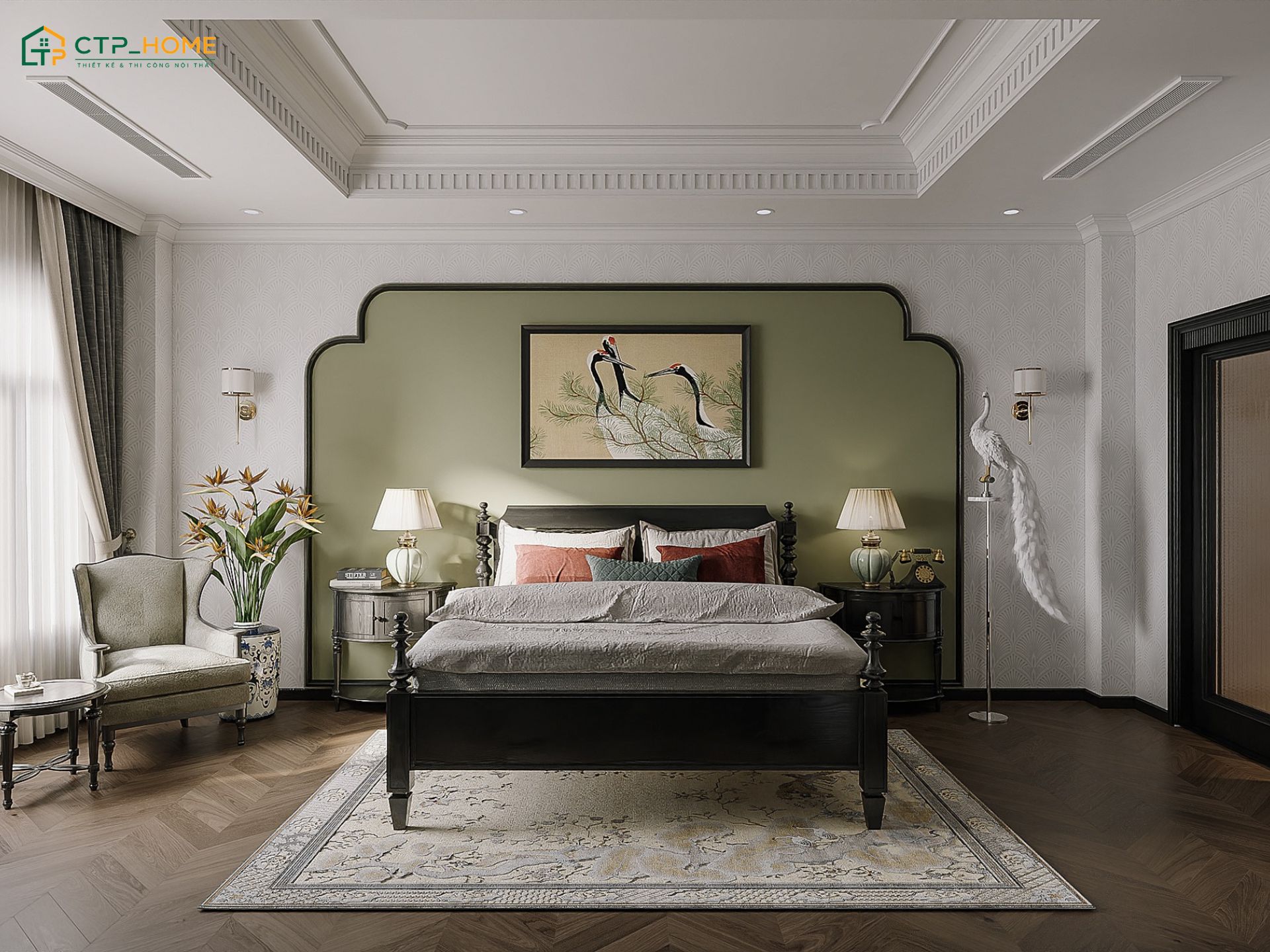 Phòng ngủ chung cư 120m2 Indochine sẽ sử dụng tone màu xanh để tạo sự cân bằng với sắc trầm của gỗ