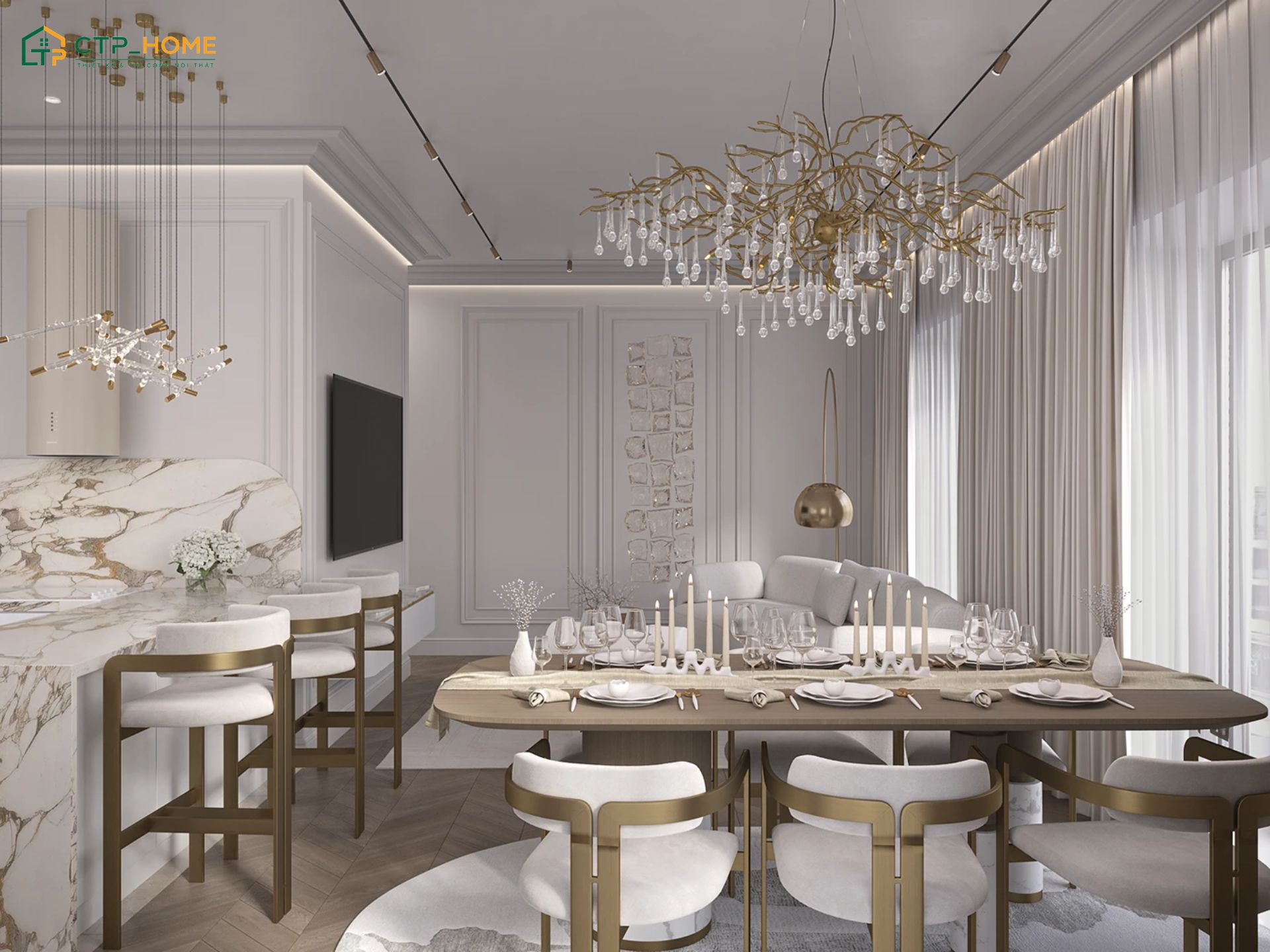 Mẫu thiết kế nội thất căn hộ 120m2 tân cổ điển thường sử dụng nội thất cao cấp và chi tiết trang trí cầu kỳ