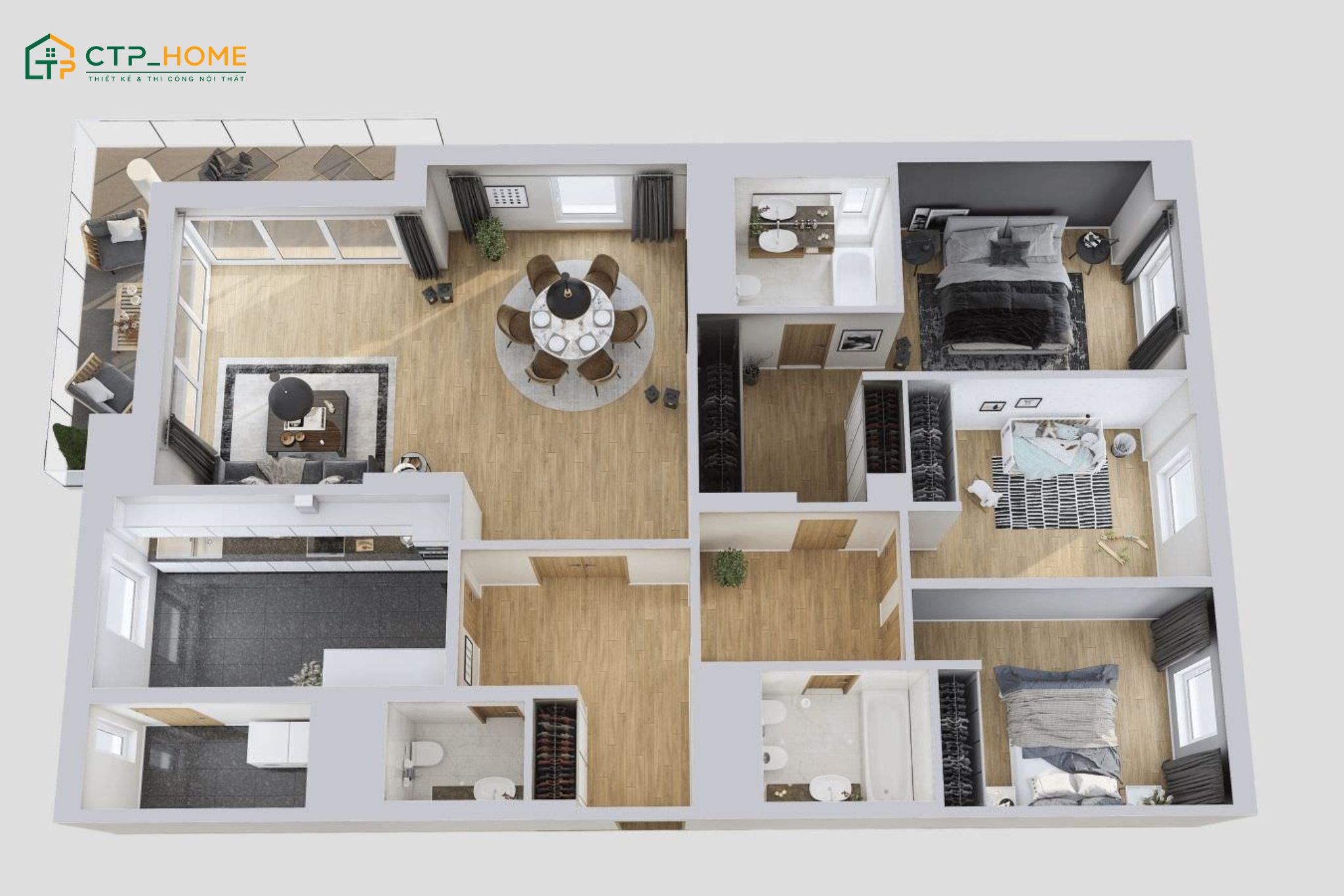 Bản vẽ thiết kế căn hộ 120m2 2 phòng ngủ rộng rãi với 1 phòng ngủ Master và 1 phòng ngủ phụ