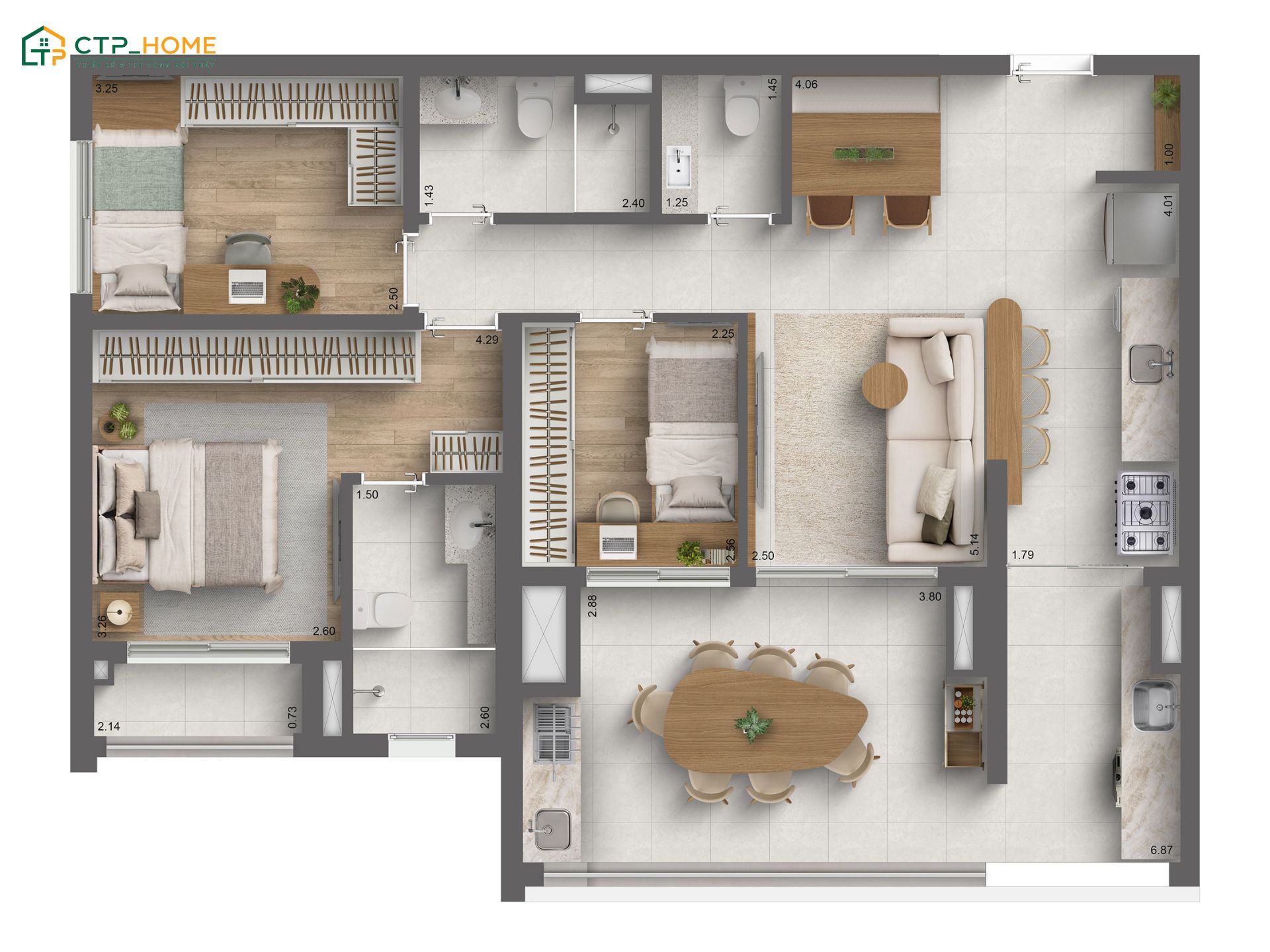 Bản vẽ thiết kế nội thất nhà chung cư 120m2 3 phòng ngủ sẽ phù hợp với những gia đình có đông thành viên