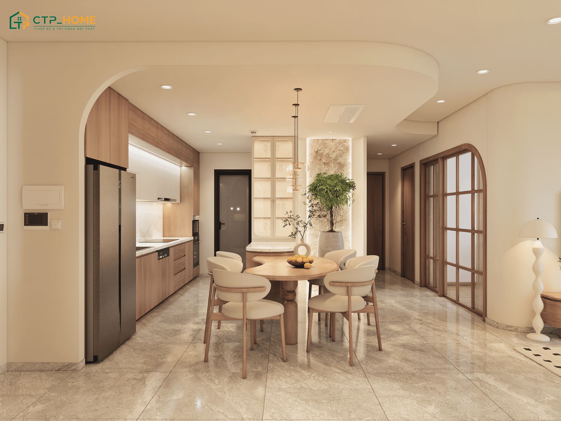 Phòng khách và bếp được thiết kế liền thông để tạo sự thông thoáng nhưng vẫn có sự tách biệt rõ ràng