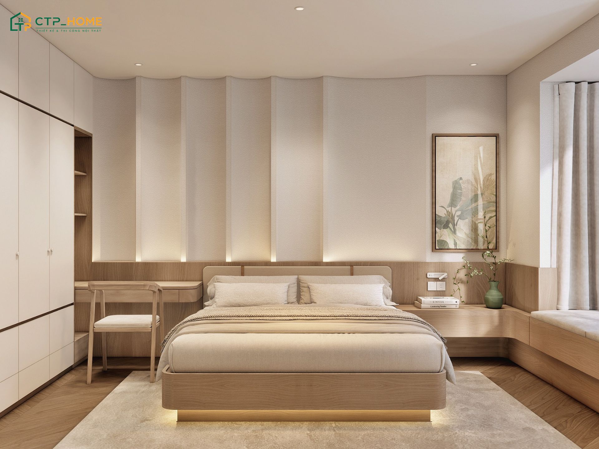 Không gian phòng ngủ được thiết kế gọn gàng giúp đáp ứng nhu cầu nghỉ ngơi, thư giãn và lưu trữ