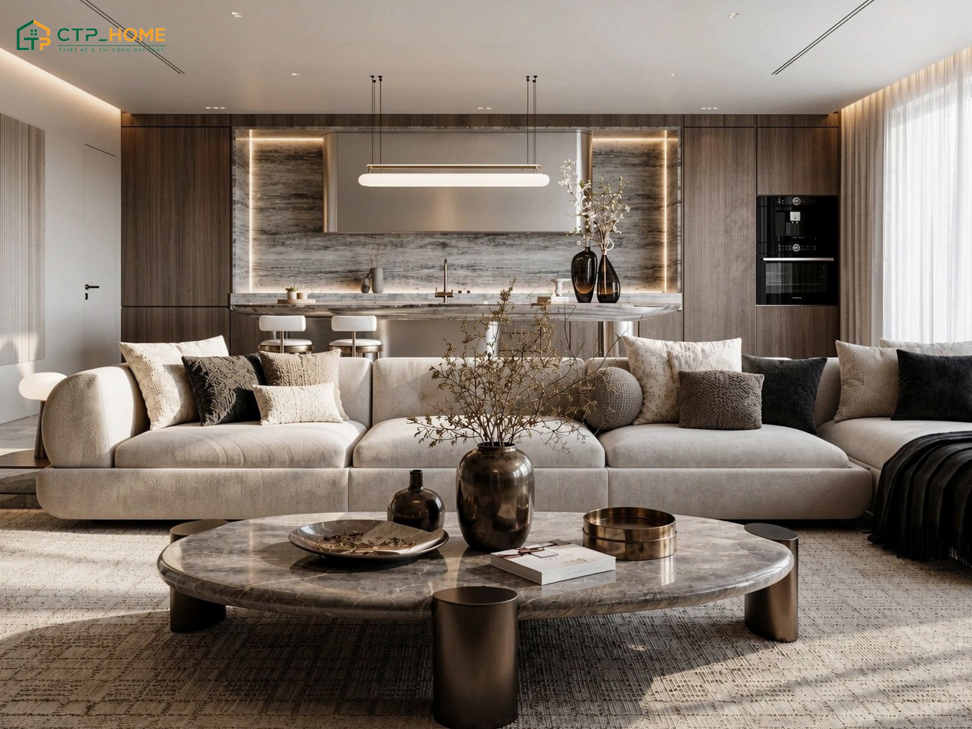 Mẫu thiết kế chung cư 120m2 với gam màu be trung tính cùng ánh sáng tự nhiên tràn ngập từ ban công