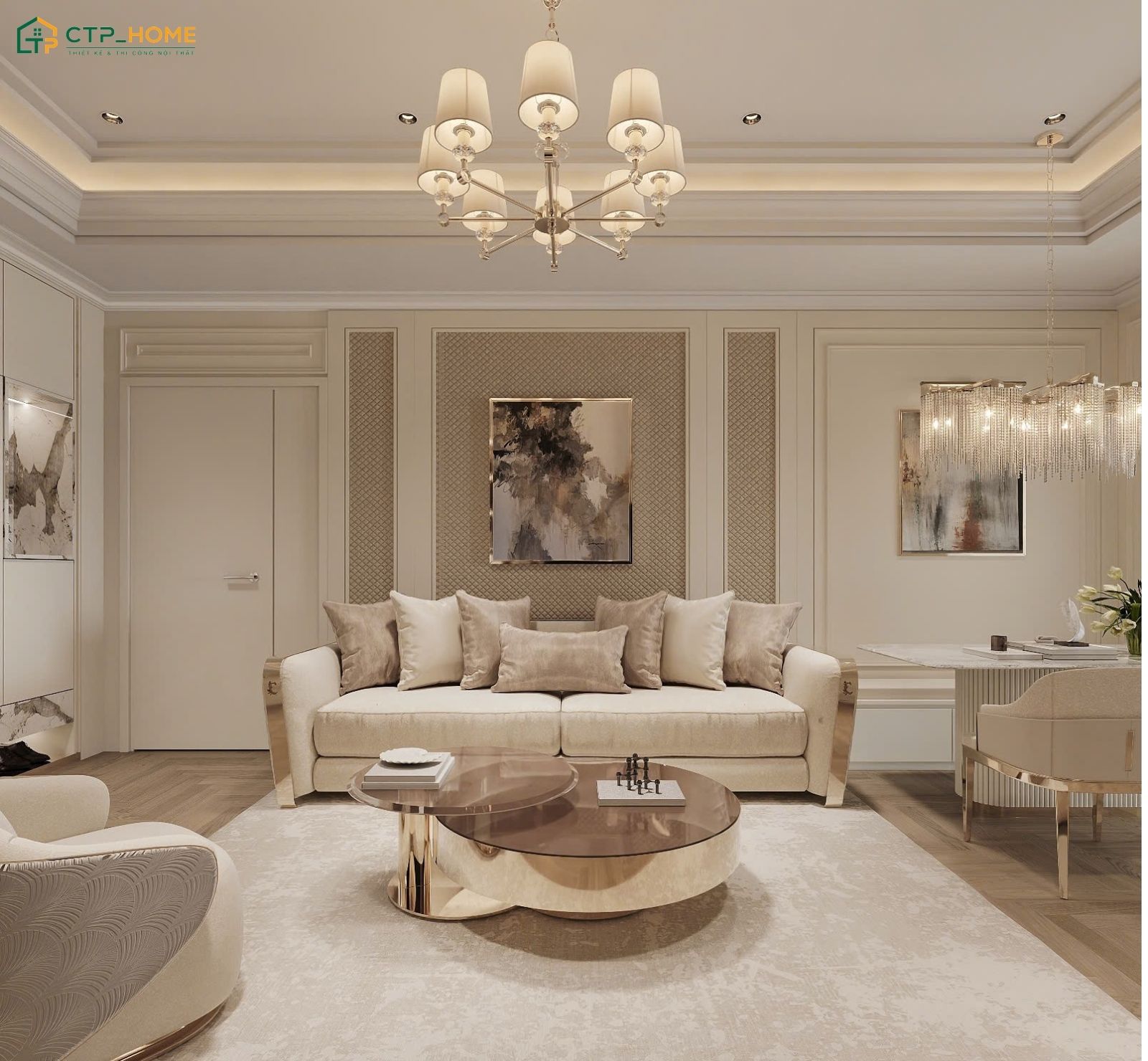 Mẫu thiết kế nội thất chung cư 150m2 tân cổ điển nổi bật với phào chỉ nhẹ nhàng và gam màu trang nhã