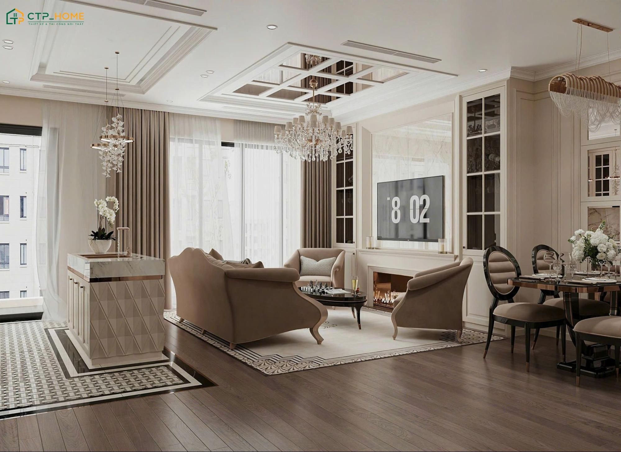 Phòng khách chung cư 150m2 tân cổ điển sẽ kết hợp đường nét mềm mại và phào chỉ tinh tế để tạo vẻ đẹp thanh lịch