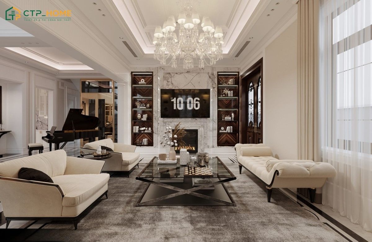 Mẫu thiết kế nội thất căn hộ chung cư 150m2 Luxury thường kết hợp đèn chùm pha lê cùng với kim loại ánh vàng