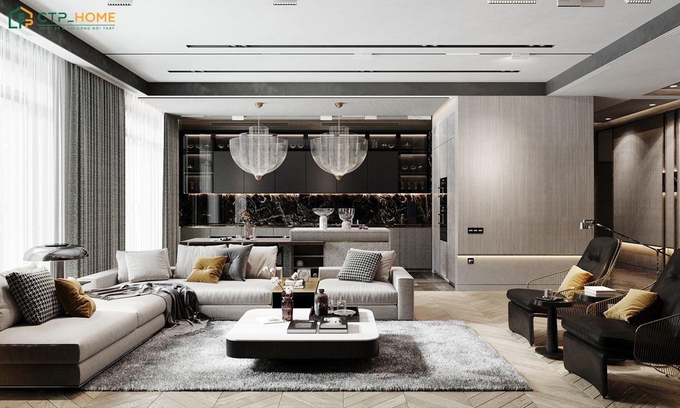 Mẫu thiết kế nội thất chung cư 150m2 Luxury sẽ sử dụng sofa cỡ lớn và bàn trà mặt đá để tạo điểm nhấn