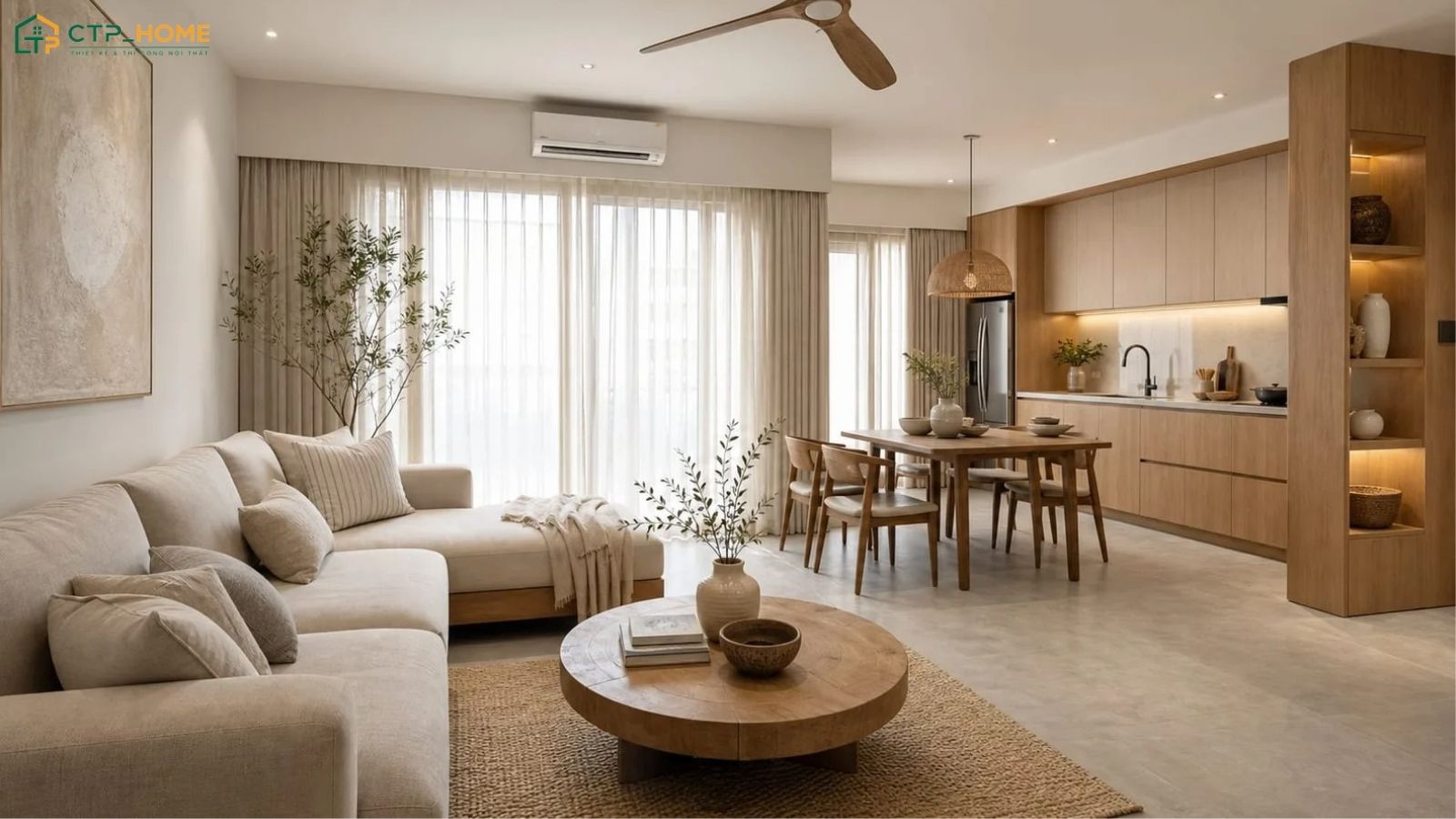 Không gian phòng khách căn hộ 150m2 sẽ hạn chế các chi tiết trang trí và ưu tiên ánh sáng tự nhiên