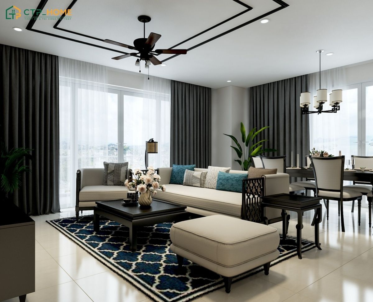 Mẫu thiết kế chung cư 150m2 Indochine gây ấn tượng với các họa tiết hình học của văn hóa Á Đông
