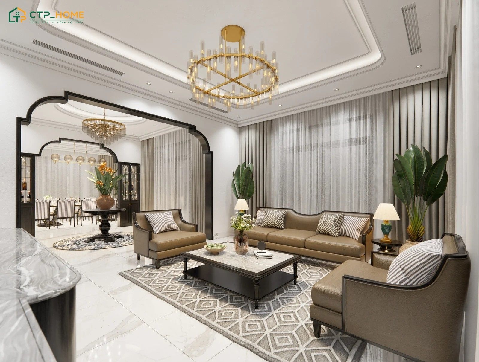 Phòng khách chung cư 150m2 Indochine nổi bật với hệ vòm trang trí mềm mại và chi tiết ánh kim tinh tế