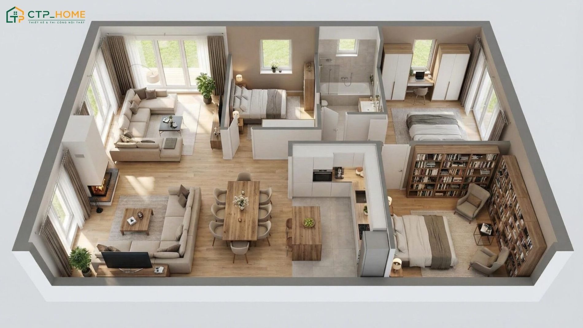 Bản vẽ thiết kế nội thất chung cư 150m2 3 phòng ngủ với các không gian phòng ngủ được bố trí riêng biệt