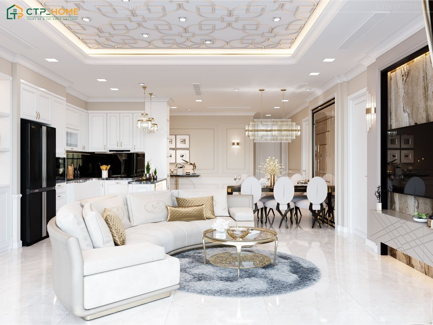 Chung cư 150m2 3 phòng ngủ sẽ bố trí phòng khách liền thông với khu ăn uống để gia tăng sự thuận tiện