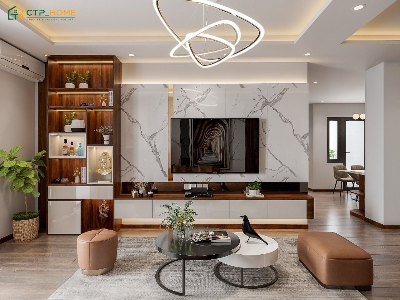 Mẫu thiết kế nội thất chung cư 150m2 hiện đại gây ấn tượng với vách tivi vân đá và hệ tủ gỗ cao cấp