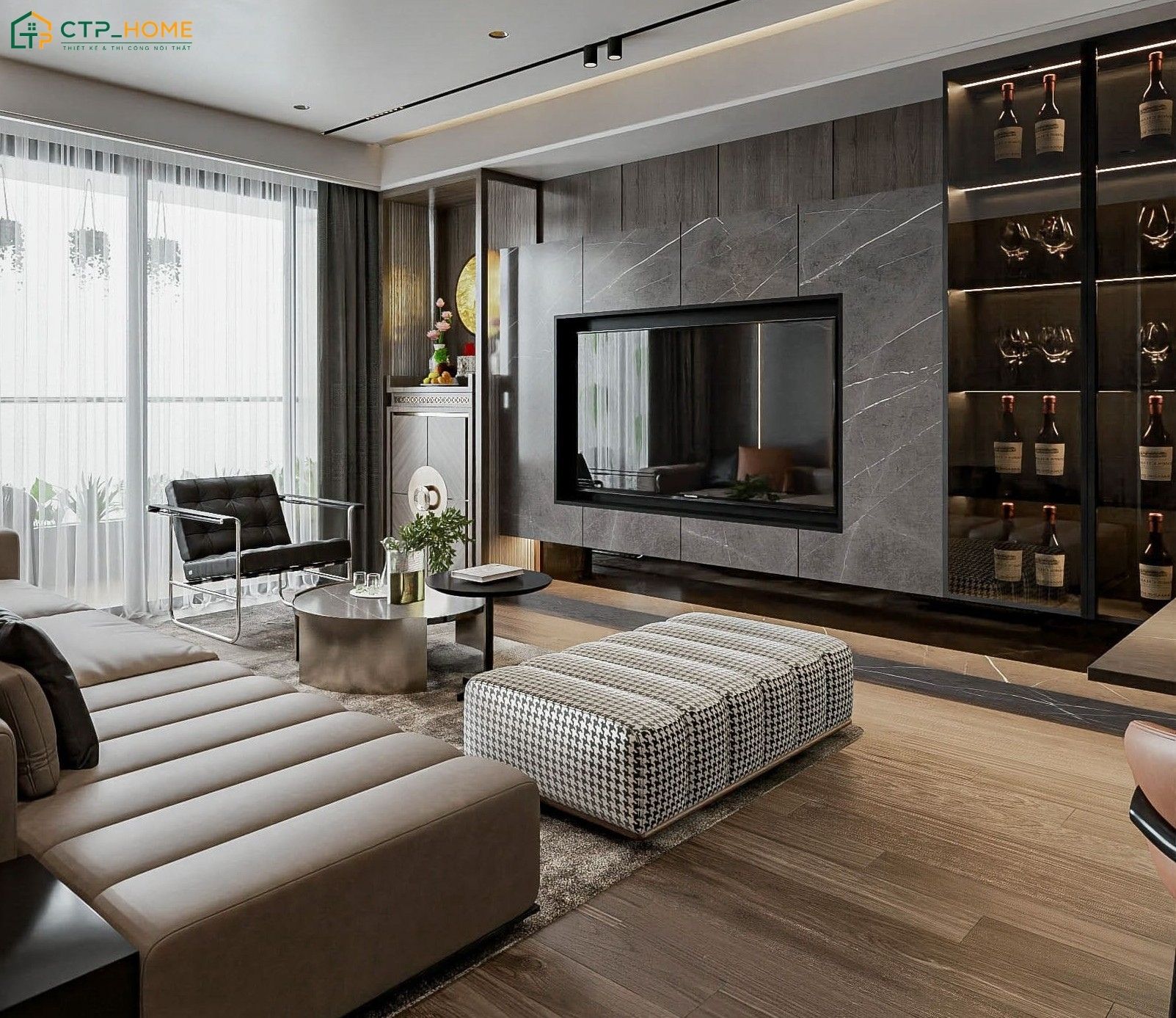 Phòng bếp chung cư 150m2 phong cách hiện đại sẽ sử dụng gam màu trầm để tạo cảm giác ấm cúng và gần gũi