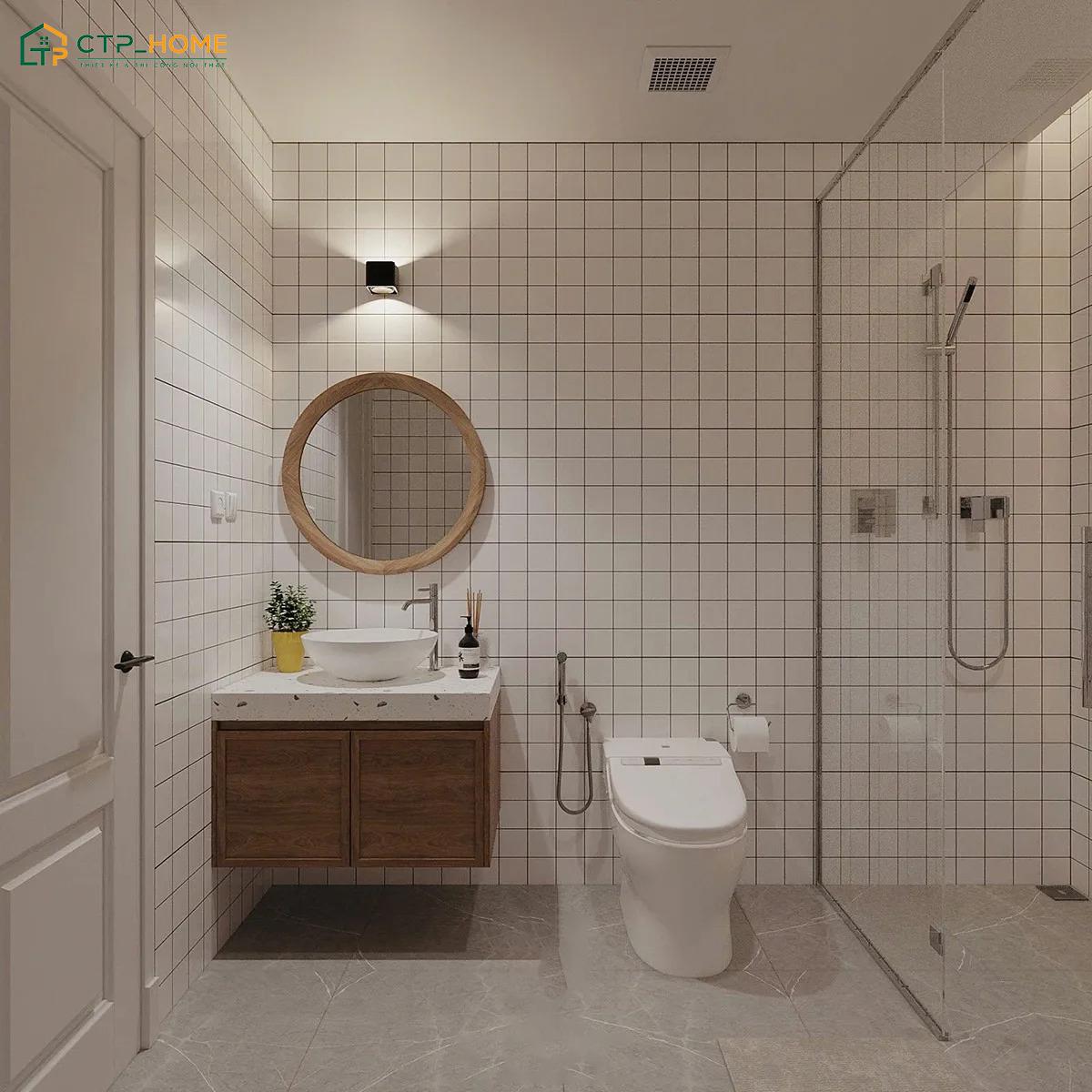 Nhà tắm kết hợp WC được ngăn cách khéo léo bằng kính cường lực giúp đảm bảo sự khô ráo, sạch sẽ