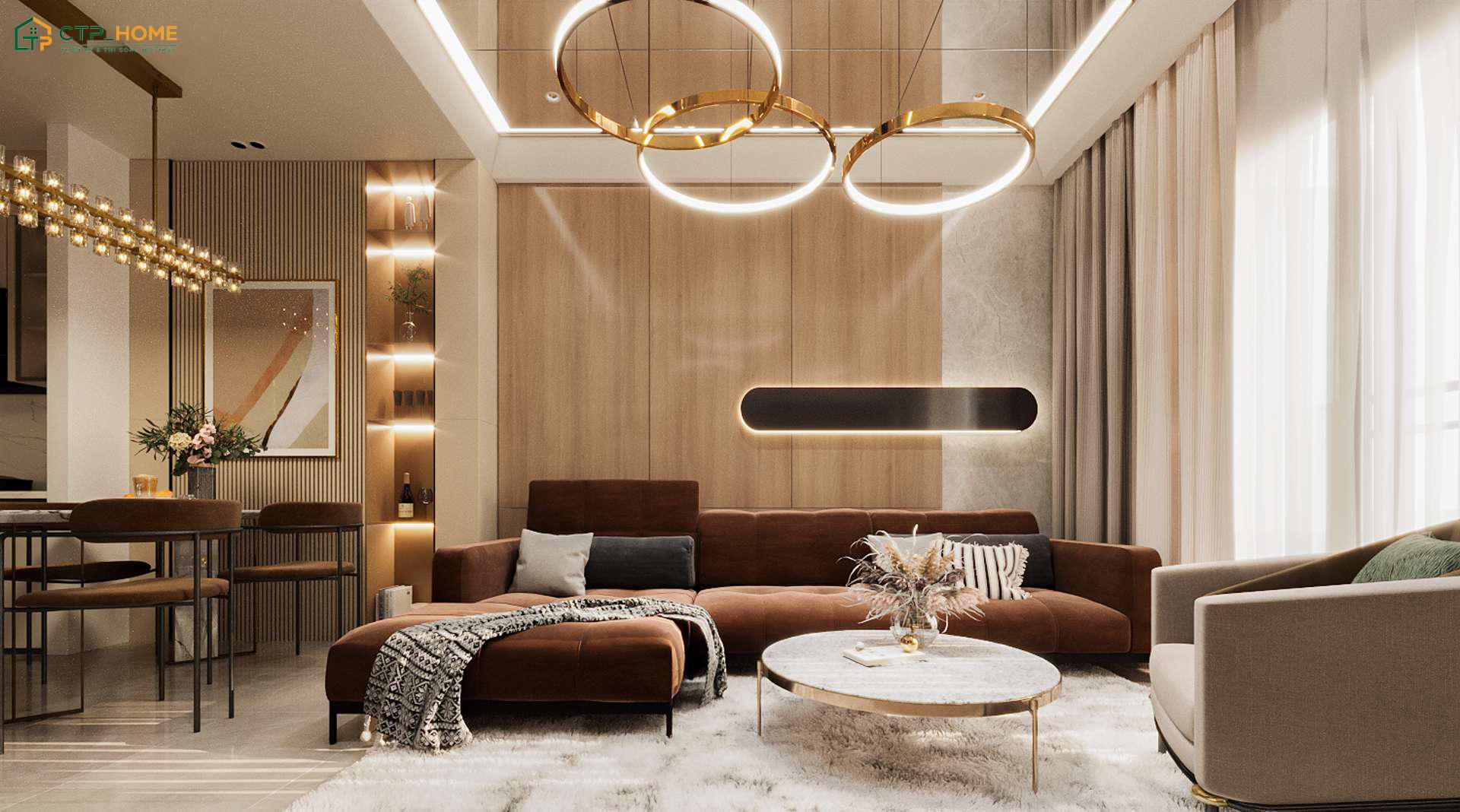 Bố trí không gian mở giữa phòng khách và bếp giúp căn hộ chung cư 80m2 trở nên thông thoáng hơn