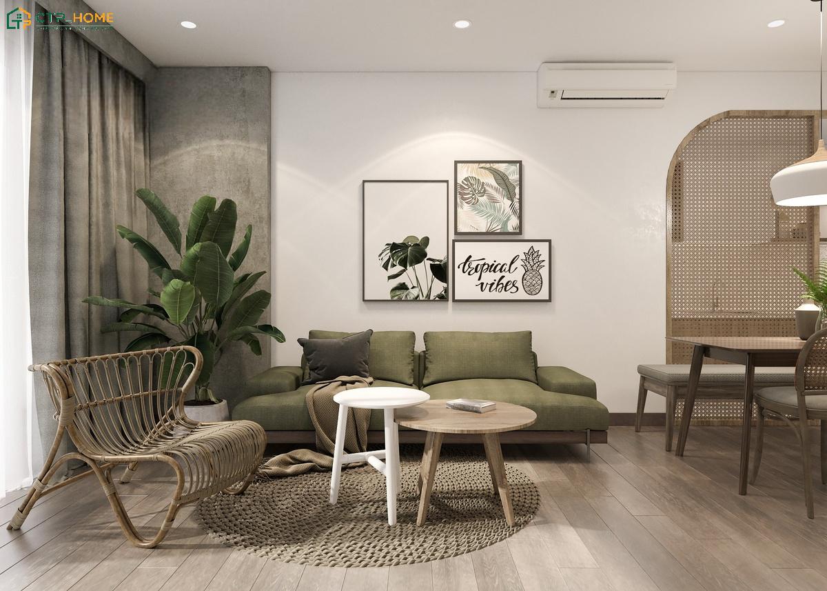 Mẫu thiết kế nội thất căn hộ chung cư 40m2 Tropical với cây xanh giúp tạo cảm giác thoáng mát và dễ chịu