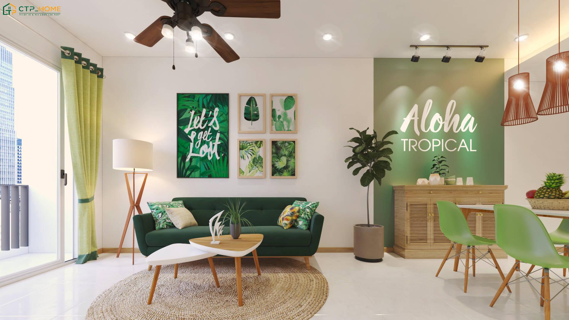 Mẫu thiết kế nội thất chung cư 40m2 Tropical thường sử dụng các chất liệu như gỗ, cói và gạch bông