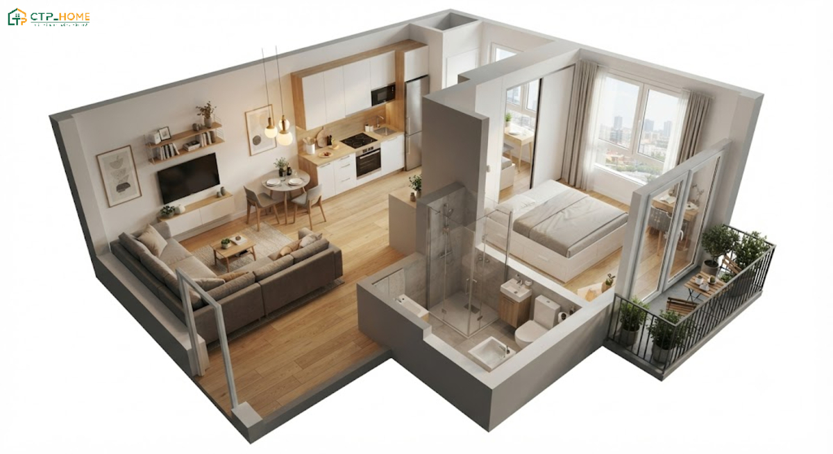 Bản vẽ thiết kế nội thất chung cư 40m2 1 phòng ngủ với bố cục liền mạch sẽ tận dụng tối đa diện tích