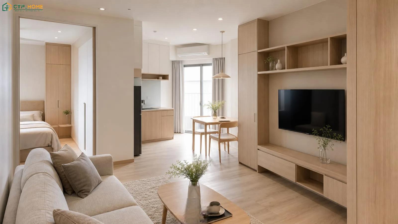 Phòng khách chung cư 40m2 1 phòng ngủ sẽ sử dụng nội thất nhỏ gọn để gia tăng sự thông thoáng