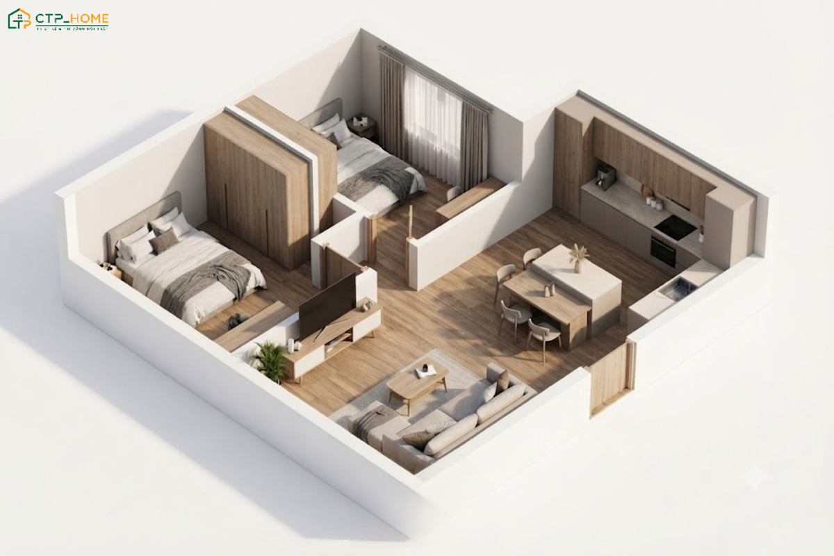 Bản vẽ thiết kế nội thất chung cư 40m2 2 phòng ngủ với các khu vực chức năng được bố trí gọn gàng